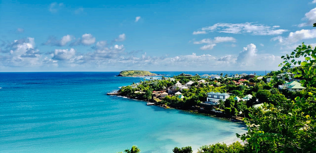Scenic coastal landscape with turquoise ocean water, a sandy beach, a cluster of white buildings, lush green trees, and a blue sky with scattered clouds.